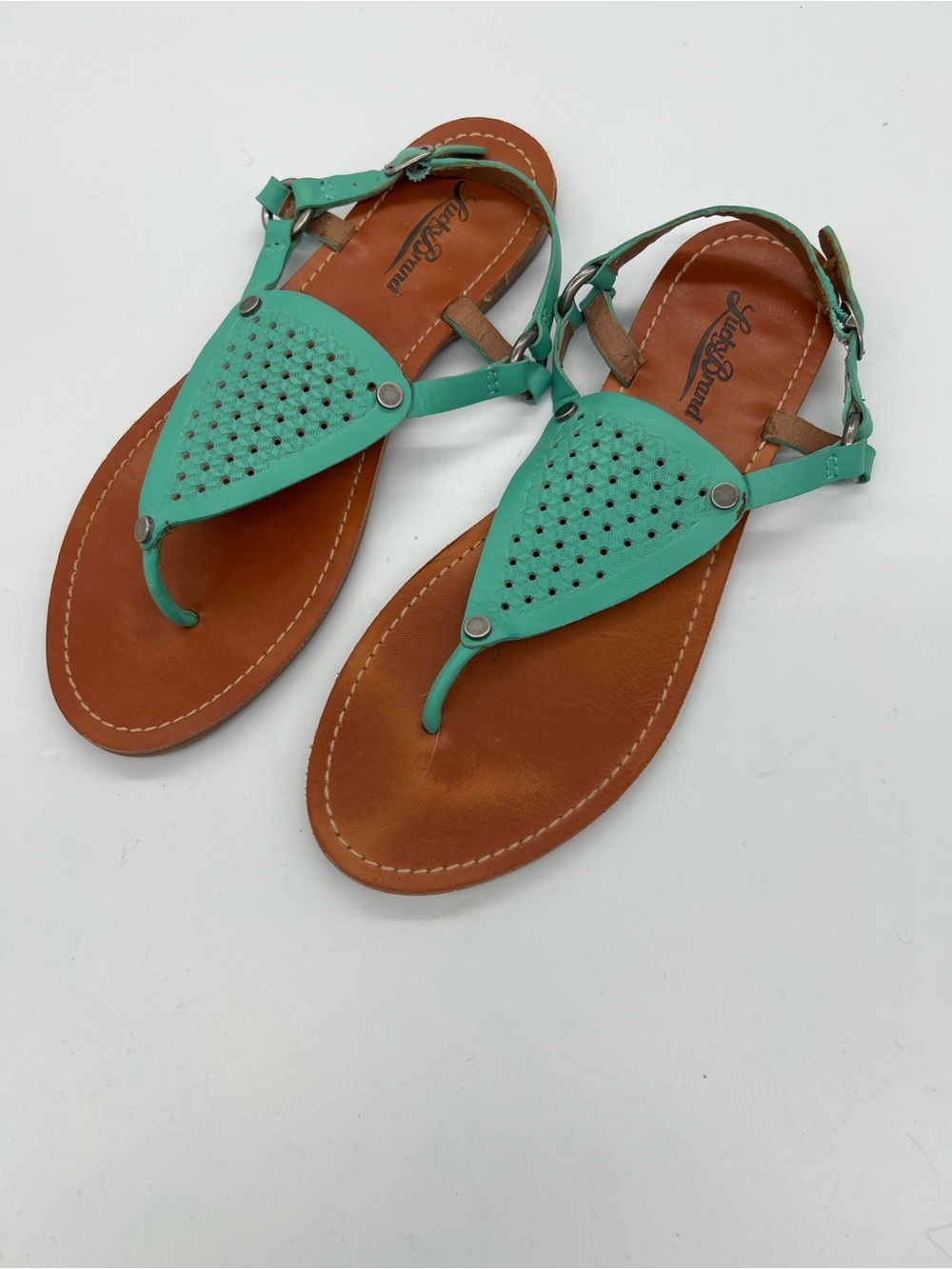 Lucky Brand Teal Green Perforated T-Strap Sandals